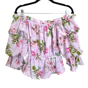 Floral Off-the-Shoulder Puffed Sleeves Peplum Peasant Blouse Kids Girls‎ Large